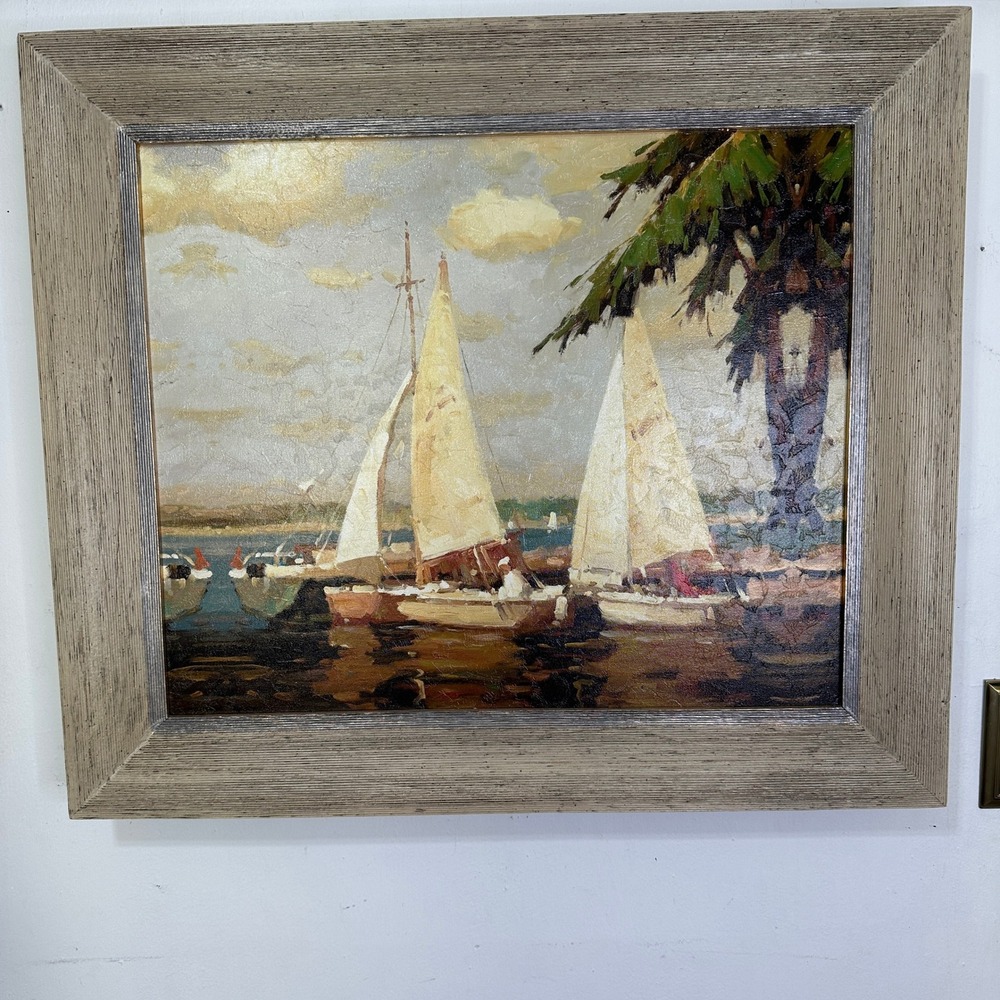 Framed Sailboat Oil Painting Coastal Nautical Impressionist Wall Art